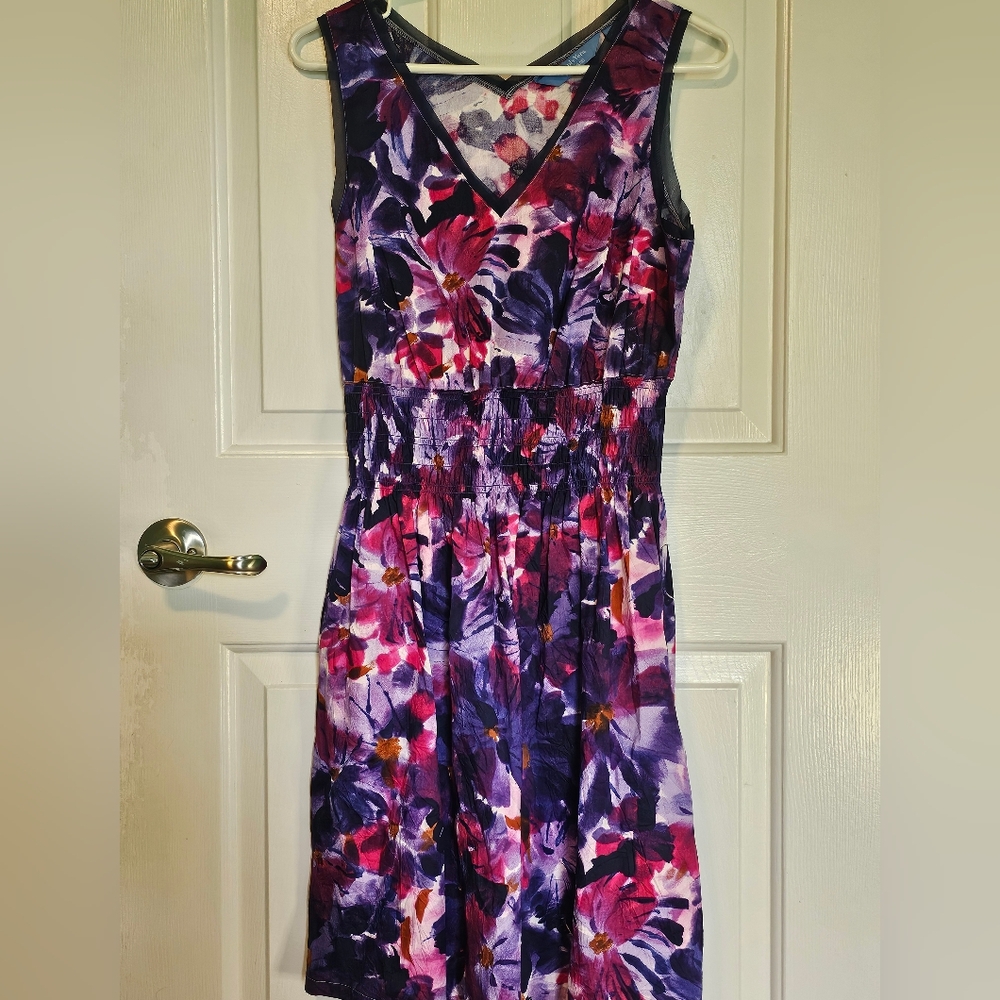 Simply Vera Vera Wang Purple and Pink Floral Midi Dress Women's Sz M - Picture 2 of 14